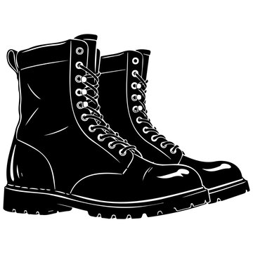 Rugged black leather combat boots isolated on white background for military army apparel.