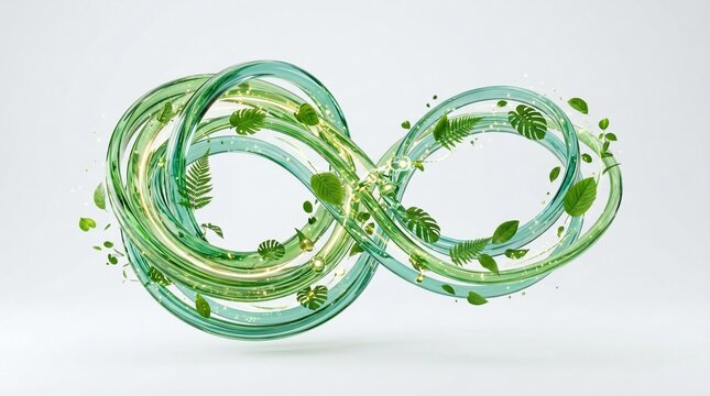 Green infinity loop with natural leaf elements for sustainable concept