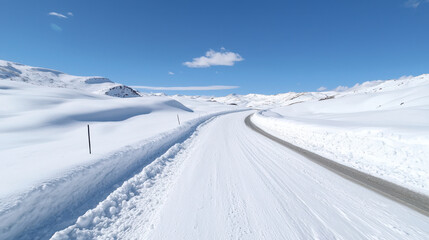 Obraz premium Serene snowy landscape featuring winding road surrounded by pristine white snow and distant mountains under clear blue sky