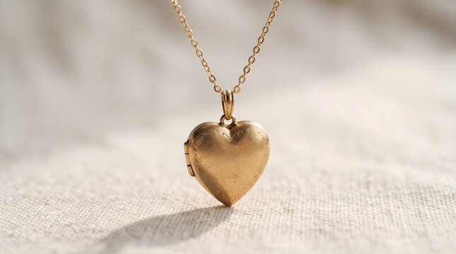 Elegant golden heart shaped locket necklace hanging on fabric texture