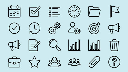Fototapeta premium Business management and productivity icons collection with black outlines representing time organization and data analysis.