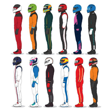 Racing Driver Suits and Helmets Illustration Set