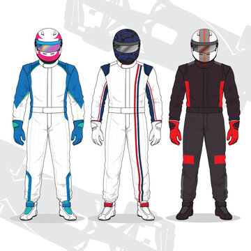 Three Racing Drivers in Protective Suits and Helmets Illustration