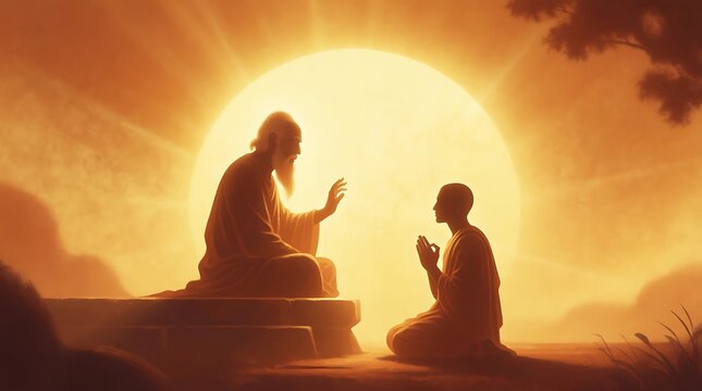 Guru purnima ancient guru blessing devoted disciple in golden sunrise ashram scene with copy space for hindu relegious festival.
