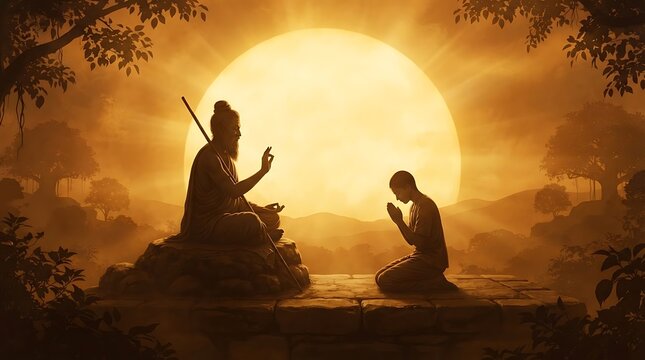 Guru purnima ancient guru blessing devoted disciple in golden sunrise ashram scene with copy space for hindu relegious festival.
