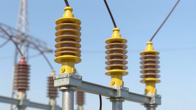 Close-up of yellow ceramic insulators supporting high-voltage transmission lines against a bright blue sky with metal structures in background.