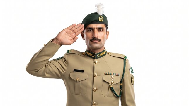Military officer saluting in khaki uniform, professional soldier in green beret, disciplined army personnel on white background