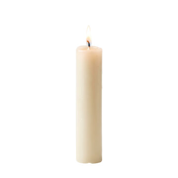 Single burning white wax candle with bright flame on black background