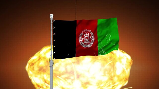 Afghanistan flag waving against nuclear explosion background symbol of conflict and war devastation.