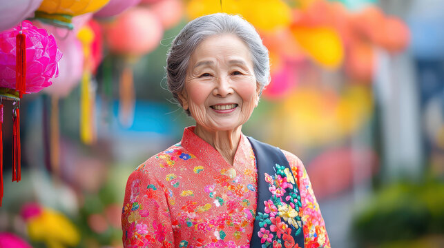 Portrait of elderly woman wearing colorful traditional dress, smiling joyfully amidst vibrant lanterns, showcasing cultural heritage and warmth