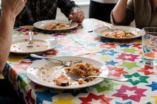 Meal remnants on colorful star-patterned tablecloth. Plates show leftover food after dining. Forks rest beside unfinished dishes, suggesting a recent gathering.