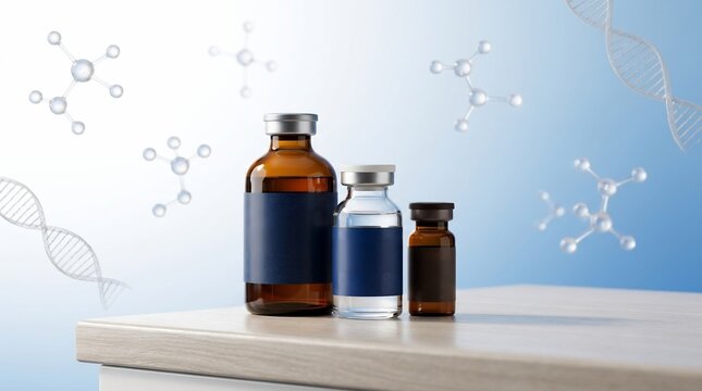 Medical vials and molecular structures science and research concept