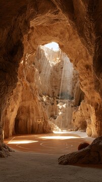 photo of dream basketball court in dream indoor cave, dreamy lights, amazing architecture cave