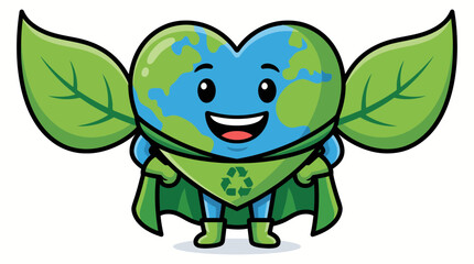 Obraz premium Cute earth superhero character with green leaves and a recycling cape