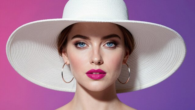 A stylish retro fashion woman with bold pink lips and blue eyes, wearing a wide-brimmed white hat against vibrant purple and pink background.