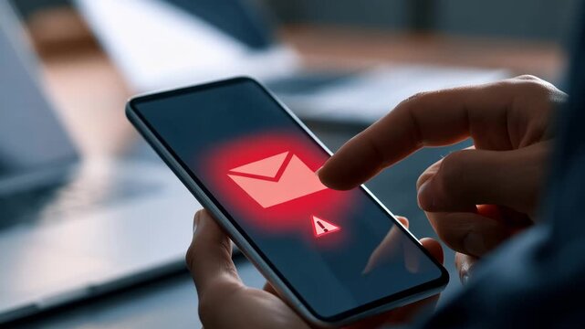 Smartphone showing email alert notification with warning symbol for digital security risk