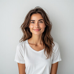 Fototapeta premium Portrait of a smiling young woman in a white t-shirt against a neutral grey background