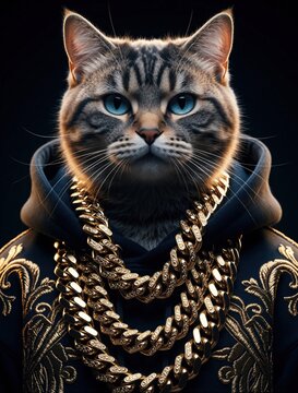 Tabby cat with striking blue eyes wears thick gold chains and stylish embroidered hoodie. This cool feline exhibits wealth and urban fashion sense, looking directly ahead. A hip hop inspired portrait.
