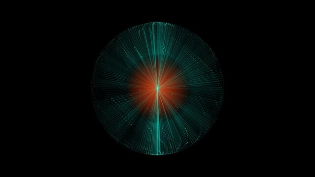 Glowing cyan light particles orbiting a central red core in this dynamic abstract digital motion animation