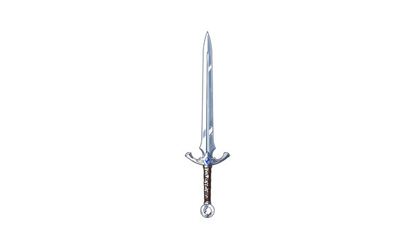 A sharp silver fantasy longsword featuring a polished steel blade and a brown leather wrapped handle with gemstone