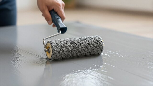 A hand uses a textured roller to spread glossy gray epoxy coating over a smooth concrete surface for durable flooring.