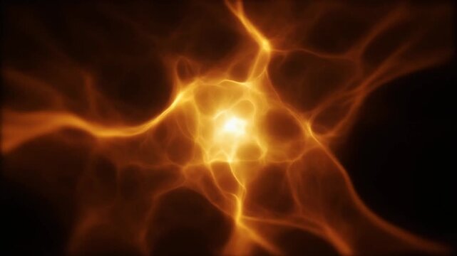 Warm-amber plasma mass pulses and reshapes continuously, luminous tendrils flexing from bright central core against deep black with futuristic energy, cinematic glow, and smooth dynamic motion.