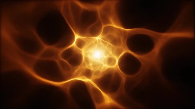 Warm-amber plasma mass pulses and reshapes continuously, luminous tendrils flexing from bright central core against deep black with futuristic energy, cinematic glow, and smooth dynamic motion.