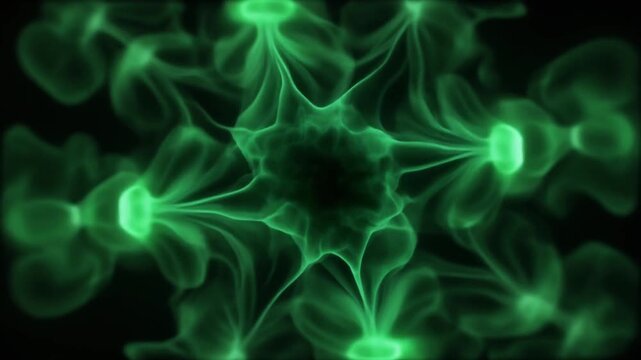 Deep forest-green plasma unfurls from compact core into wider luminous tendrils against deep black, combining futuristic energy with natural tones, cinematic glow, and smooth motion.