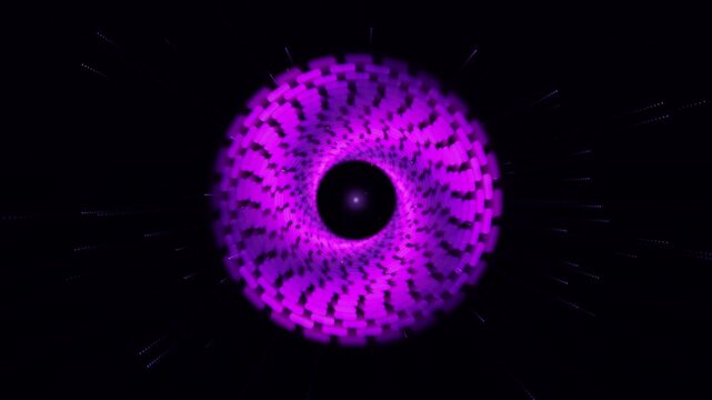 Glowing purple geometric portal rotating in deep space creating a mesmerizing digital animation motion video sequence
