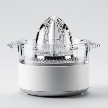 Manual citrus juicer with transparent top and white base sits on a plain backdrop. Clear plastic reamer and juice container make it easy to see pulp and liquid. Modern kitchen gadget for fresh juice.