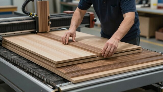 A skilled worker arranges veneer panels on a CNC machine for precision cutting in a modern woodworking facility.