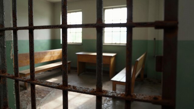 An eerie abandoned jail cell viewed through rusty iron bars, featuring wooden benches and tables under dim natural light from small windows.