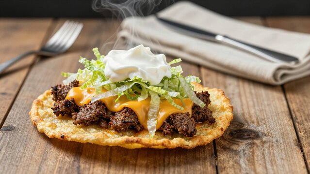 A steaming Navajo taco topped with melted cheese, shredded lettuce, and sour cream sits on a rustic wooden table.
