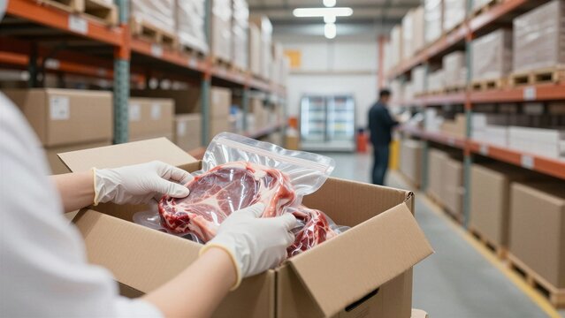 A meat packing worker carefully places vacuum-sealed raw beef into a cardboard box within a large industrial cold storage facility.