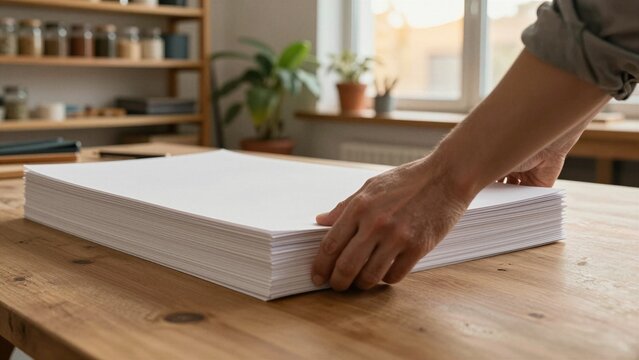 An artisan carefully handles a stack of handmade paper on a wooden table, surrounded by natural light and plants.