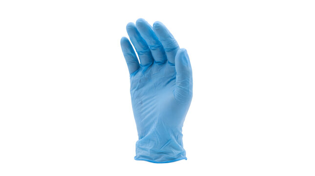 A single blue nitrile medical examination glove isolated on transparent background