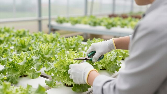 A person wearing gloves carefully cuts ripe lettuce heads using scissors inside a bright, modern greenhouse filled with rows of healthy plants.