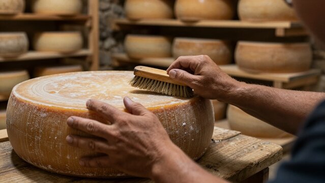 A skilled cheesemaker brushes a large wheel of cheese during the aging process, surrounded by wooden shelves holding other wheels.