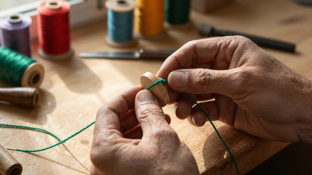 Skilled hands assemble a handmade wooden yo-yo using vibrant green string on a sunlit workbench surrounded by colorful spools.