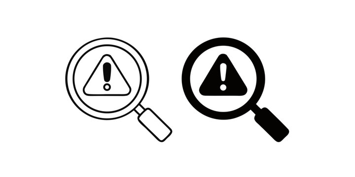Black outline magnifying glass icon with an exclamation mark symbolizes danger detection, error investigation, or critical alert identification for safety systems.
