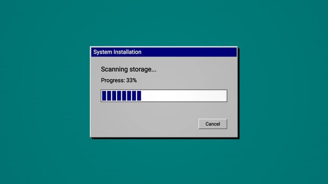 Retro software installation dialog box on a vintage teal desktop interface showing progress percentage and scanning storage status