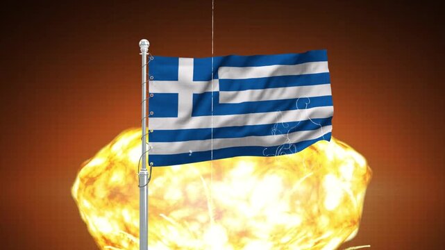 Greek flag waving proudly on silver pole against massive fiery nuclear explosion background cinematic.