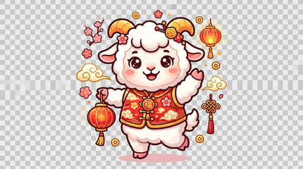 Fototapeta premium Cute cartoon goat character celebrating Chinese New Year with traditional lanterns and floral decorations.