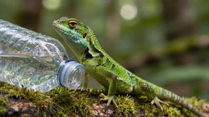 Fototapeta premium A vibrant green lizard rests on mossy ground next to a clear water-filled plastic bottle, highlighting environmental awareness.