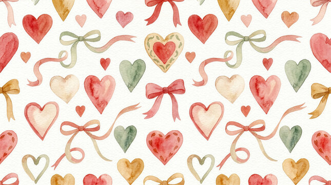 Valentine 127 Watercolor Hearts and Tied Bow Ribbons Seamless Pattern on White Paper Texture（白のアート紙テクスチャ背景に描かれた水彩の多様なハートと結びリボンのシームレスパターン）