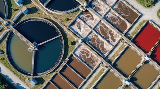 Aerial view of wastewater treatment plant with circular settling tanks and rectangular basins. Water flows through pipes and channels in a complex industrial process for purification and sanitation.