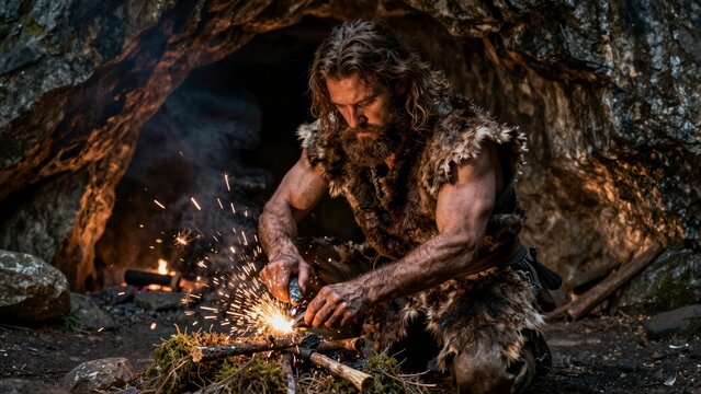 A rugged caveman uses flint and steel to ignite fire inside a rocky cave, sparks flying as he prepares warmth or survival.