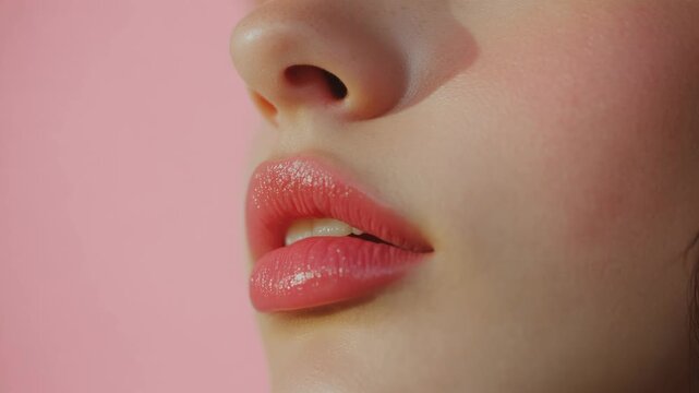 A close-up focusing on the lower half of a woman's face featuring her lipstick and chin area.