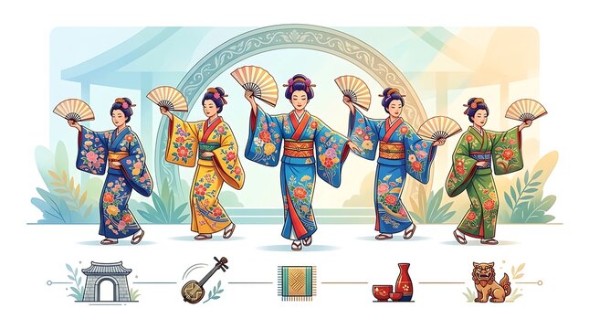 Women in traditional kimonos performing a graceful fan dance