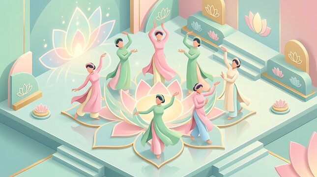 Vietnamese women in traditional ao dai performing a lotus dance